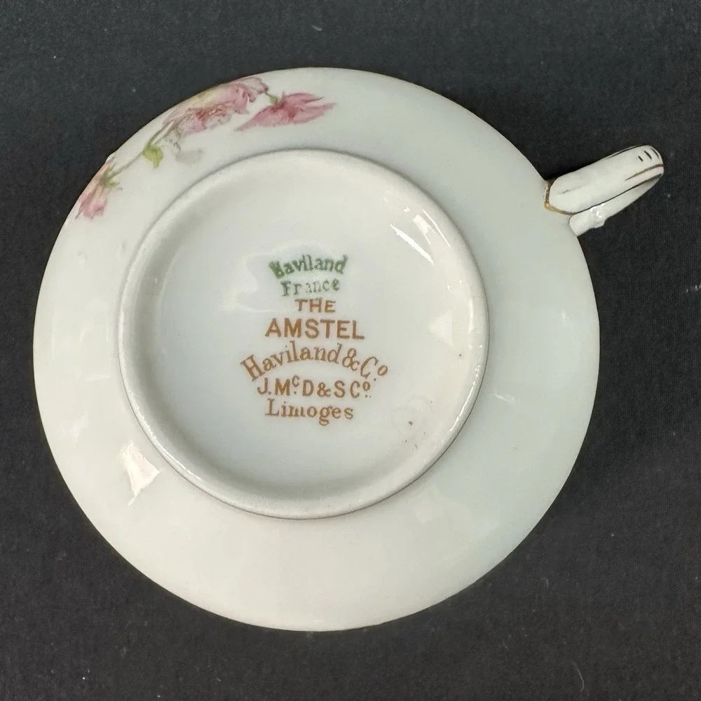 Haviland Limoges 'The Amstel' Bouillon Cups, Gold Pink Roses, Antique, Set of 2